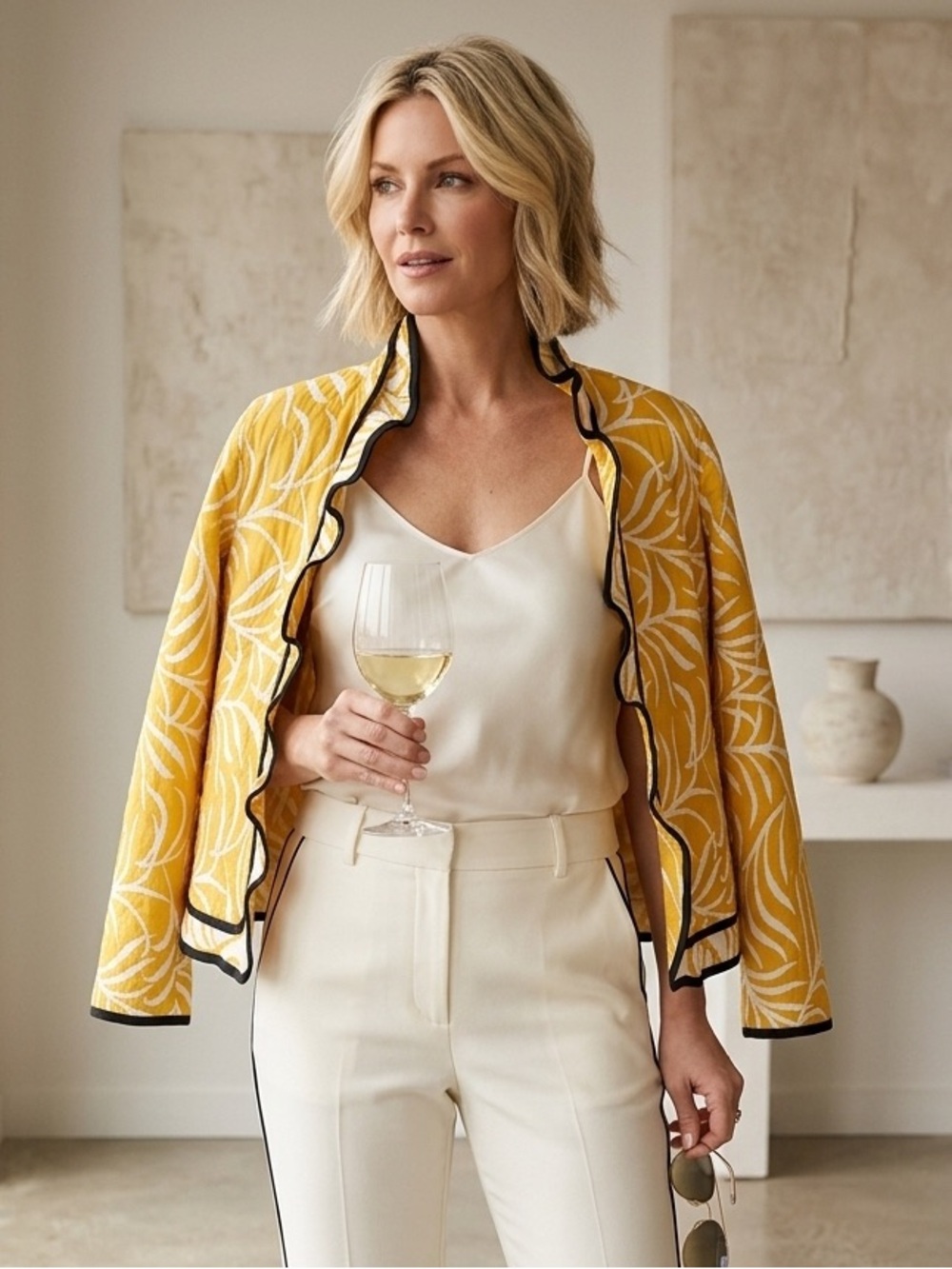 Trimdin Reversible Artisan Quilted Jacket Ruffle Palm Lemon Open Front Blazer